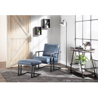 Lumisource C2-ROMAN BKBU Roman Industrial Lounge Chair and Ottoman in Black Metal and Blue Faux Leather